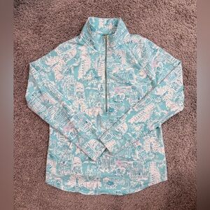 Lilly Pulitzer NYC Graphic UPF 50+ Half Zip Shorely Blue Skipper Popover Sweater